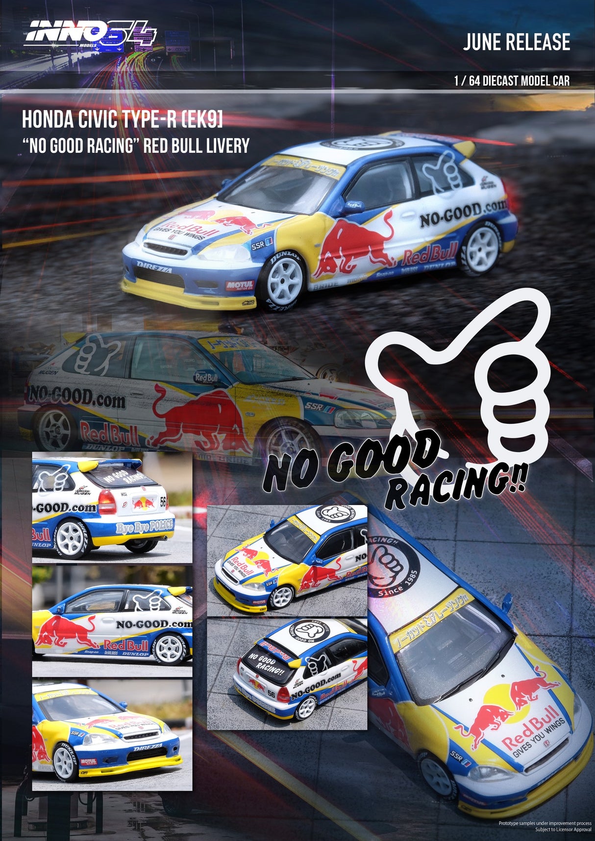 INNO64 1:64 Honda Civic Type-R (EK9) "NO GOOD RACING" Red Bull Livery