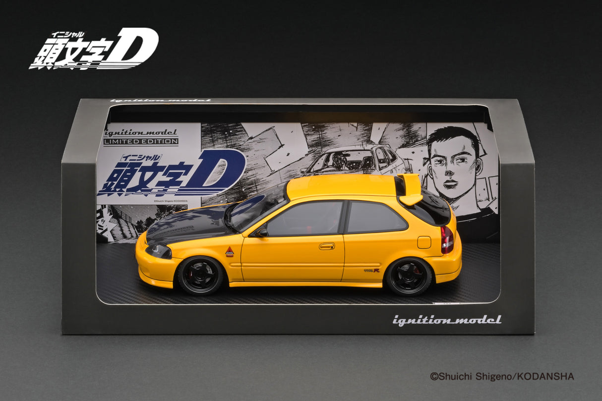 Ignition Model 1:18 Honda Civic (EK9) Type-R in Yellow Initial D with Carbon Bonnet