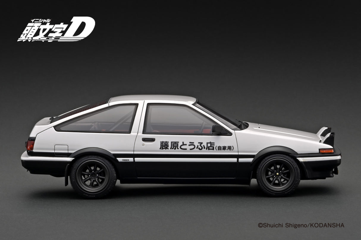 Ignition Model 1:18 Toyota Sprinter Trueno (AE86) 3DR in White & Black with Mr. Bunta Fujiwara