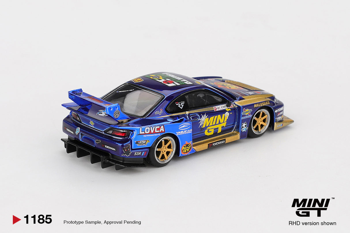*PREORDER* MINIGT 1:64 Nissan LB-Super Silhouette S15 SILVIA #555 Team MINI GT Liberty Walk 2025 Formula Drift Halloween Special in Chrome Blue