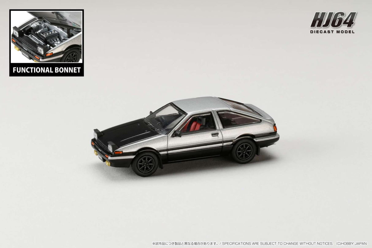 Hobby Japan 1:64 Toyota Sprinter Trueno GT Apex (AE86) in Silver / Black with Carbon Bonnet