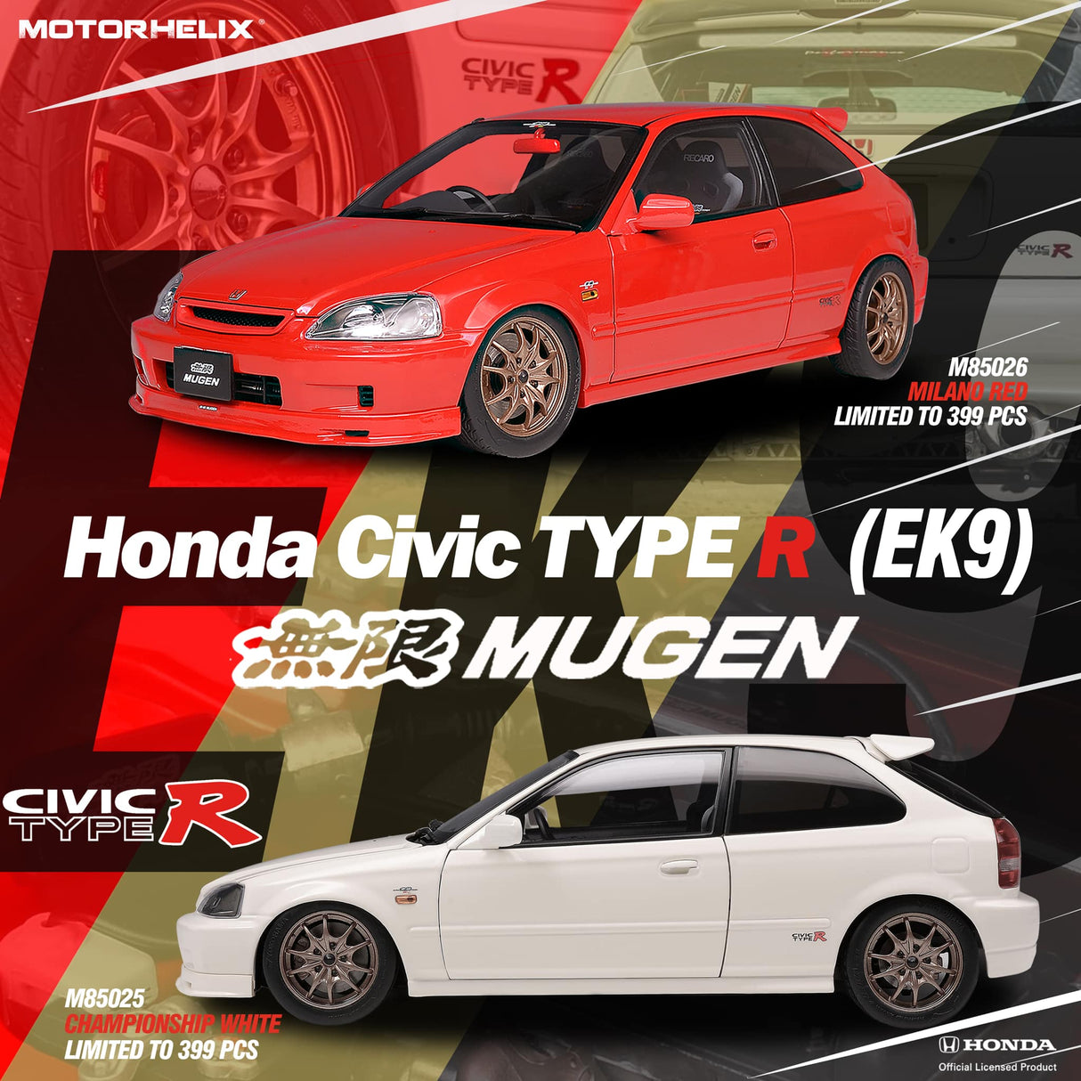 MotorHelix 1:18 Honda Civic Type-R (EK9) MUGEN in Championship White
