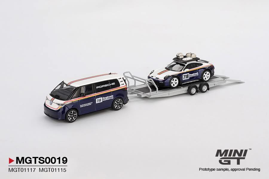 *PREORDER*MINIGT 1:64 Porsche 911 Dakar #718 / Volkswagen ID. Buzz Porsche Centrum Gelderland Roughroads Set