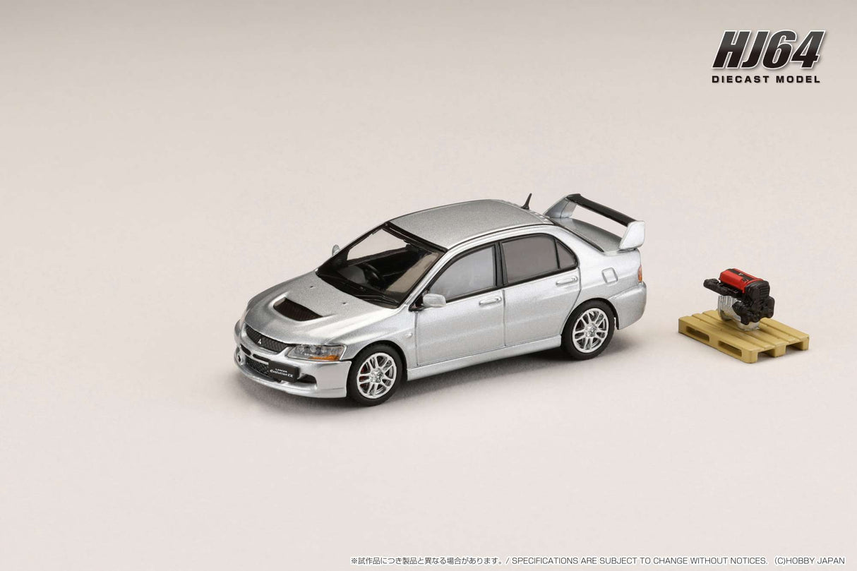 Hobby Japan 1:64 Mitsubishi Lancer EVO 9 GSR with Engine Display Model in Cool Silver Metallic