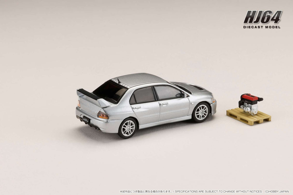 Hobby Japan 1:64 Mitsubishi Lancer EVO 9 GSR with Engine Display Model in Cool Silver Metallic