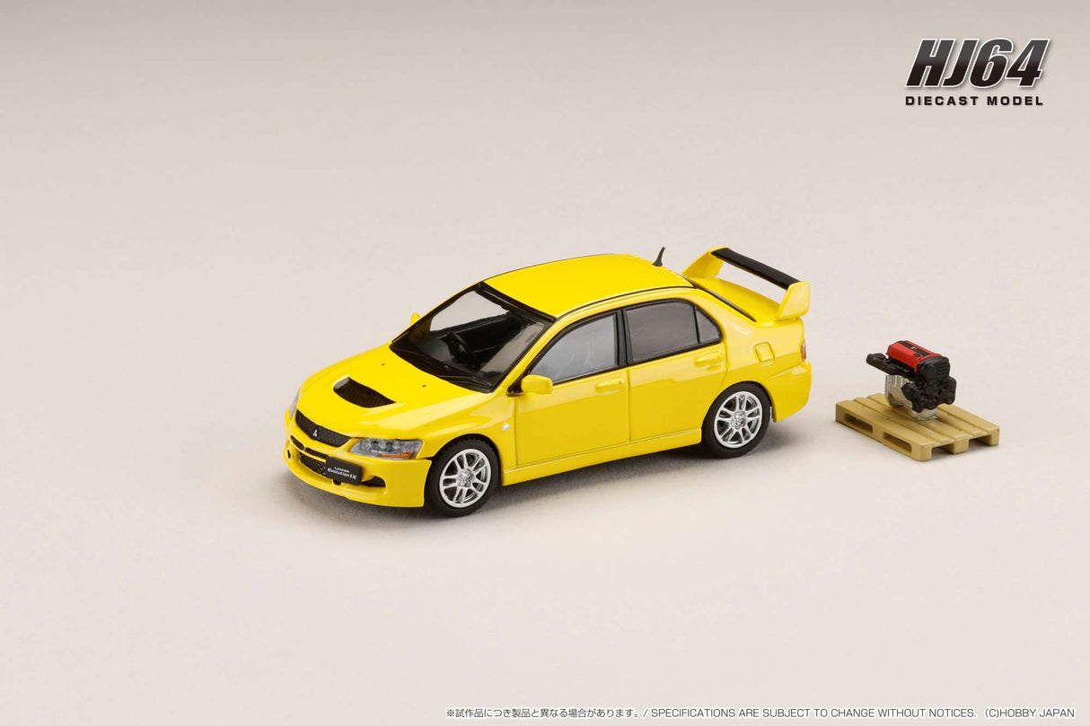 Hobby Japan 1:64 Mitsubishi Lancer EVO 9 GSR with Engine Display Model in Solid Yellow