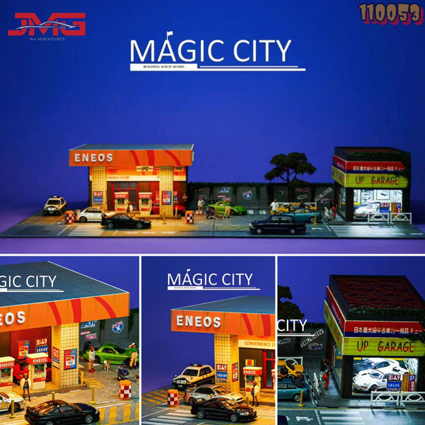 Magic City 1:64 Japanese ENEOS Gas Station and Used Car Showroom Scene