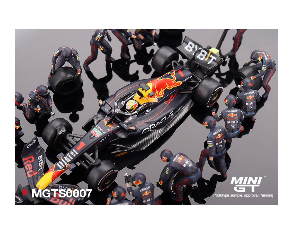 MINIGT 1:64 Oracle Red Bull Racing RB18 #1 Max V. 2022 Abu Dhabi GP Pit Crew Set