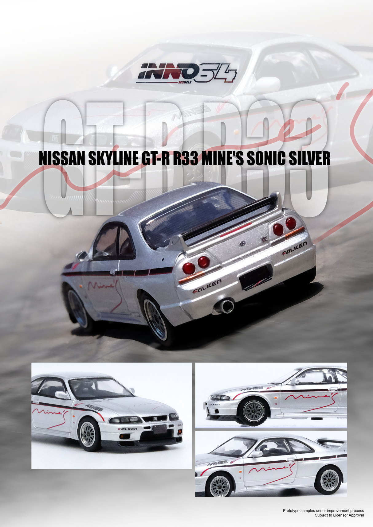 INNO64 1:64 Nissan Skyline GT-R (R33) "TUNED BY MINE'S" in Silver