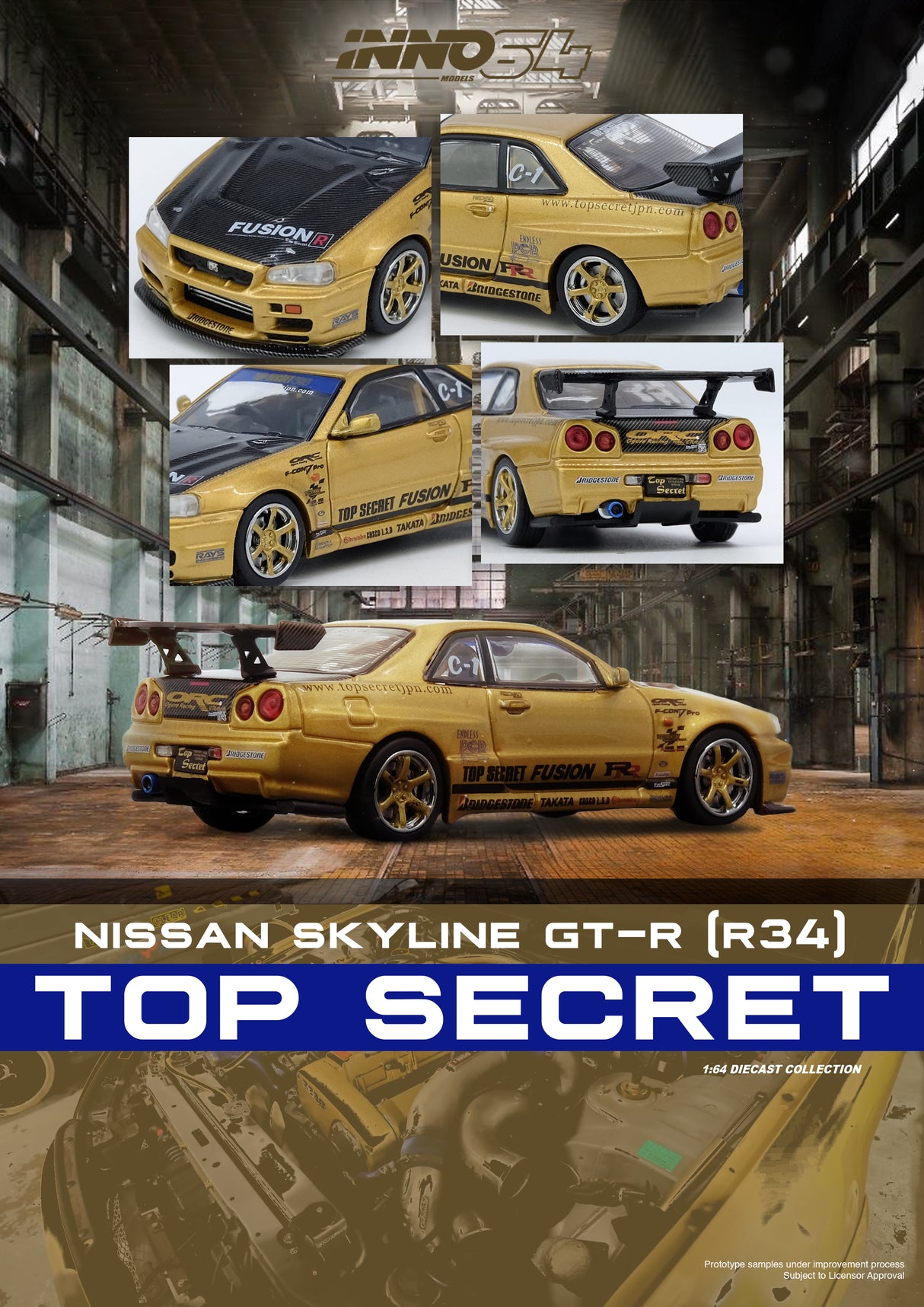 INNO64 1:64 Nissan Skyline GT-R (R34) TOP SECRET in Gold