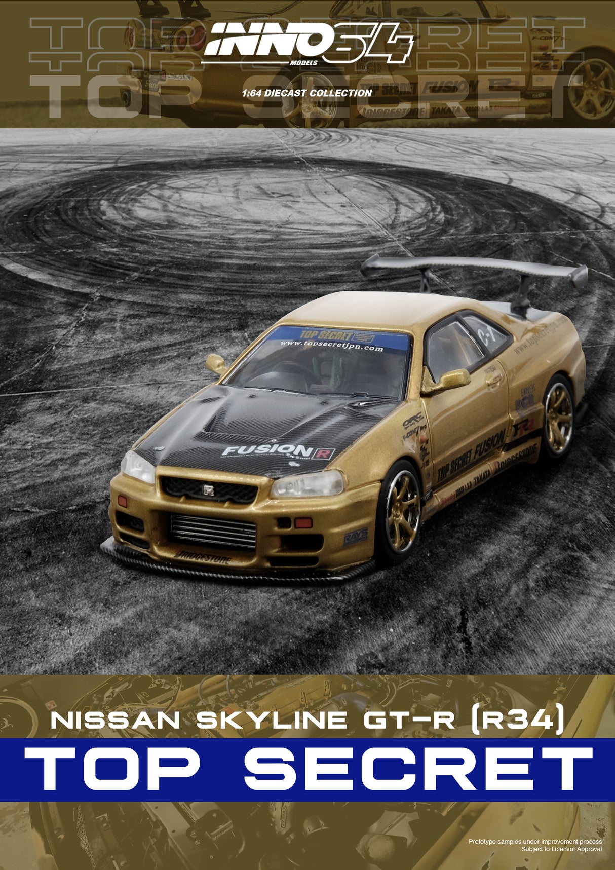 INNO64 1:64 Nissan Skyline GT-R (R34) TOP SECRET in Gold
