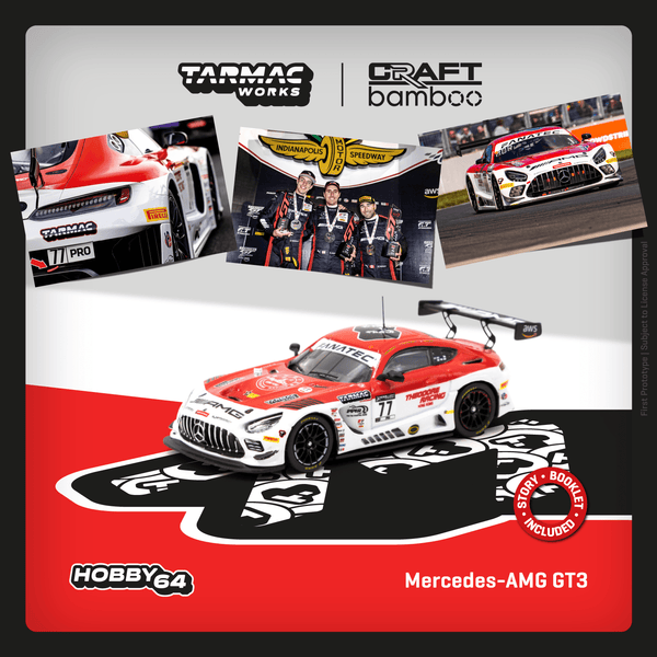 Tarmac Works 1:64 Mercedes-AMG GT3, Indianapolis 8 Hour 2022 Winner, Craft-Bamboo Racing, R. Marciello / D. Juncadella / D. Morad