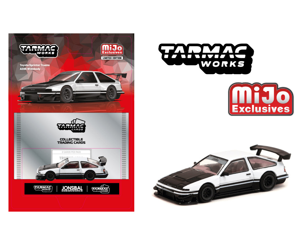 Tarmac Works 1:64 Toyota Sprinter Trueno AE86 Widebody TRD JONSIBAL in White with Trading Cards
