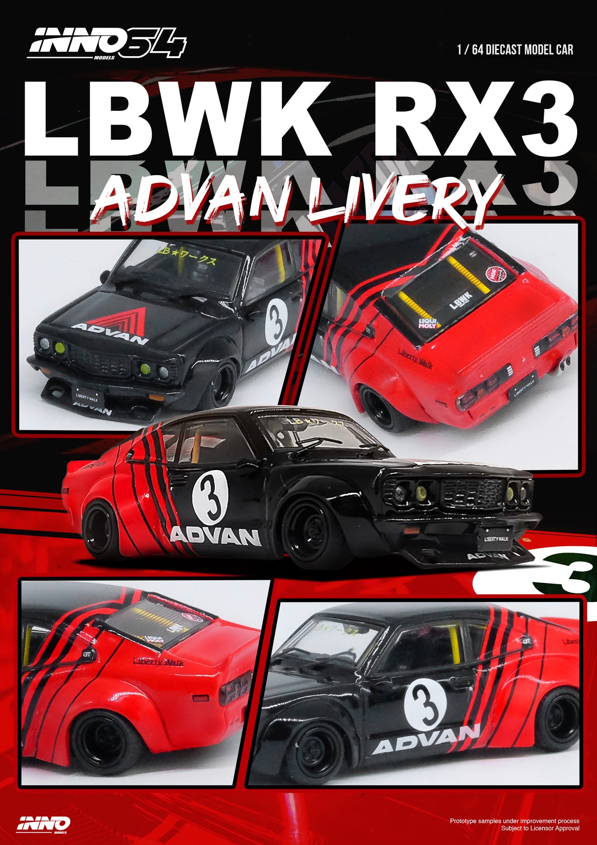 INNO64 1:64 Mazda RX-3 Savanna LBWK in "Advan Livery"
