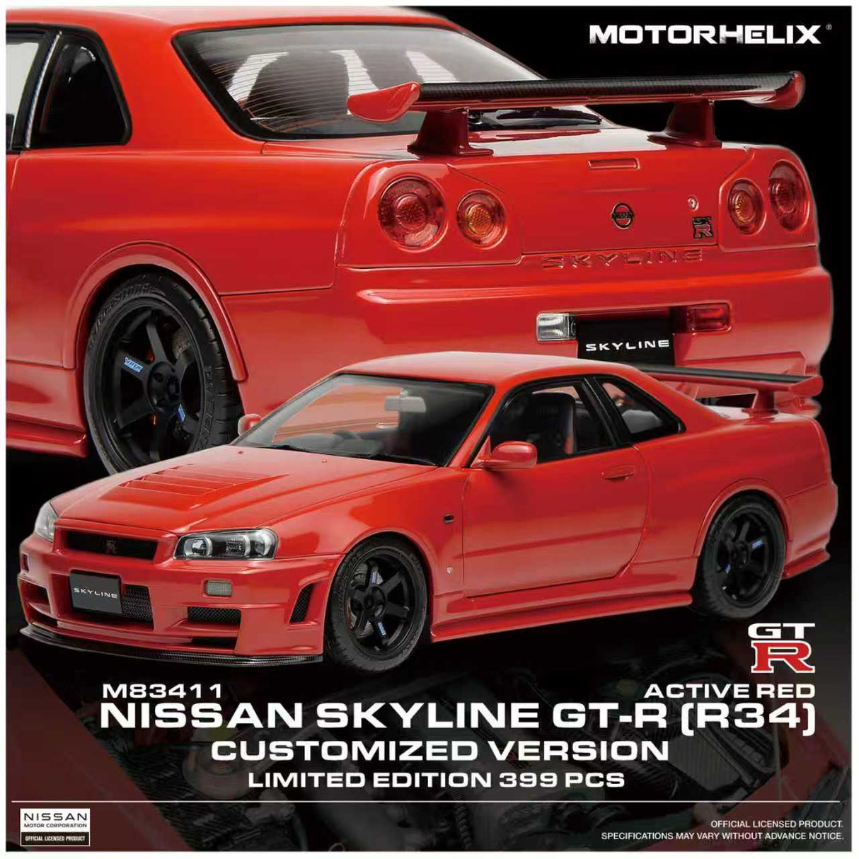 MotorHelix 1:18 Nissan Skyline GT-R (R34) Customized Version in Active Red