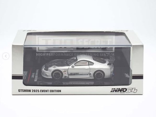 INNO64 1:64 Toyota Supra (A80) TOP SECRET GT300 GTSHOW 2025 Event Edition in Silver (ONE PER CUSTOMER PER ORDER)