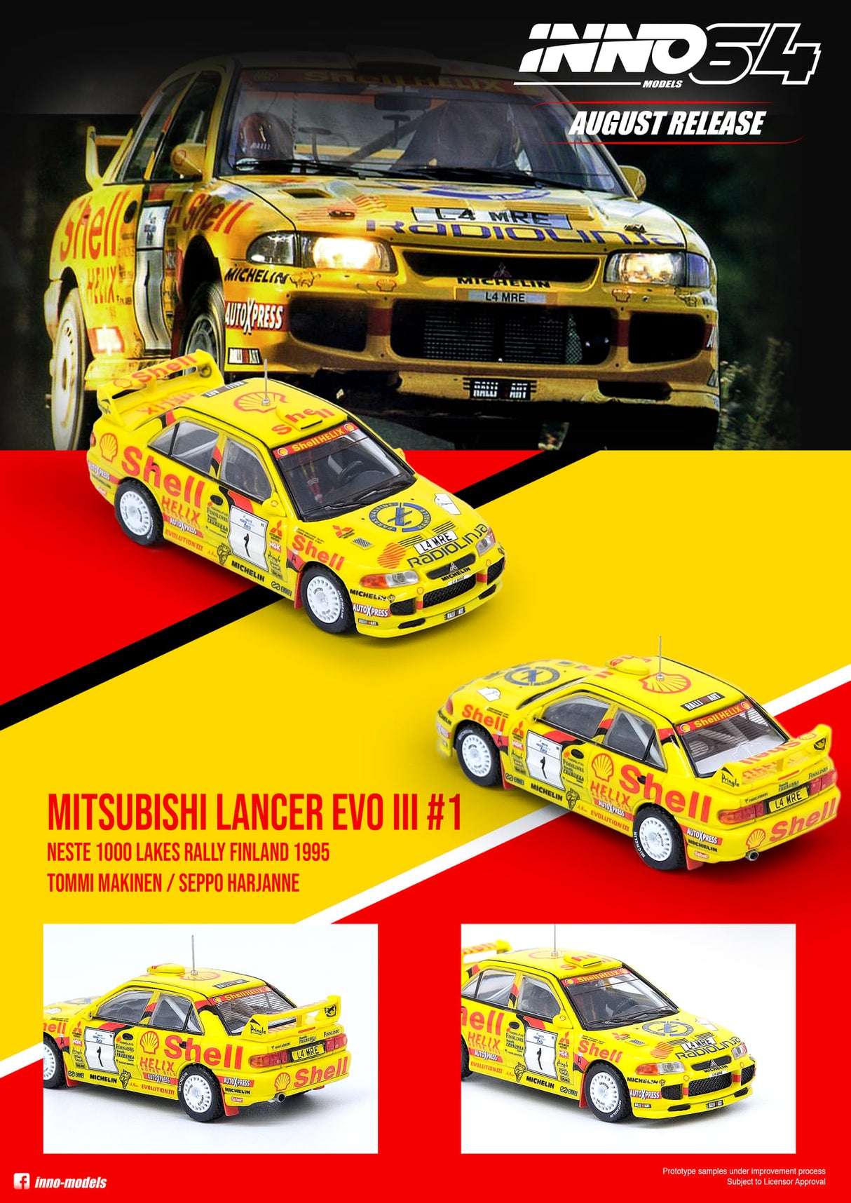 INNO Models 1:64 Mitsubishi Lancer EVO III #1 Neste 1000 Lakes Rally Finland 1995 Tommi Makinen / Seppo Harjanne