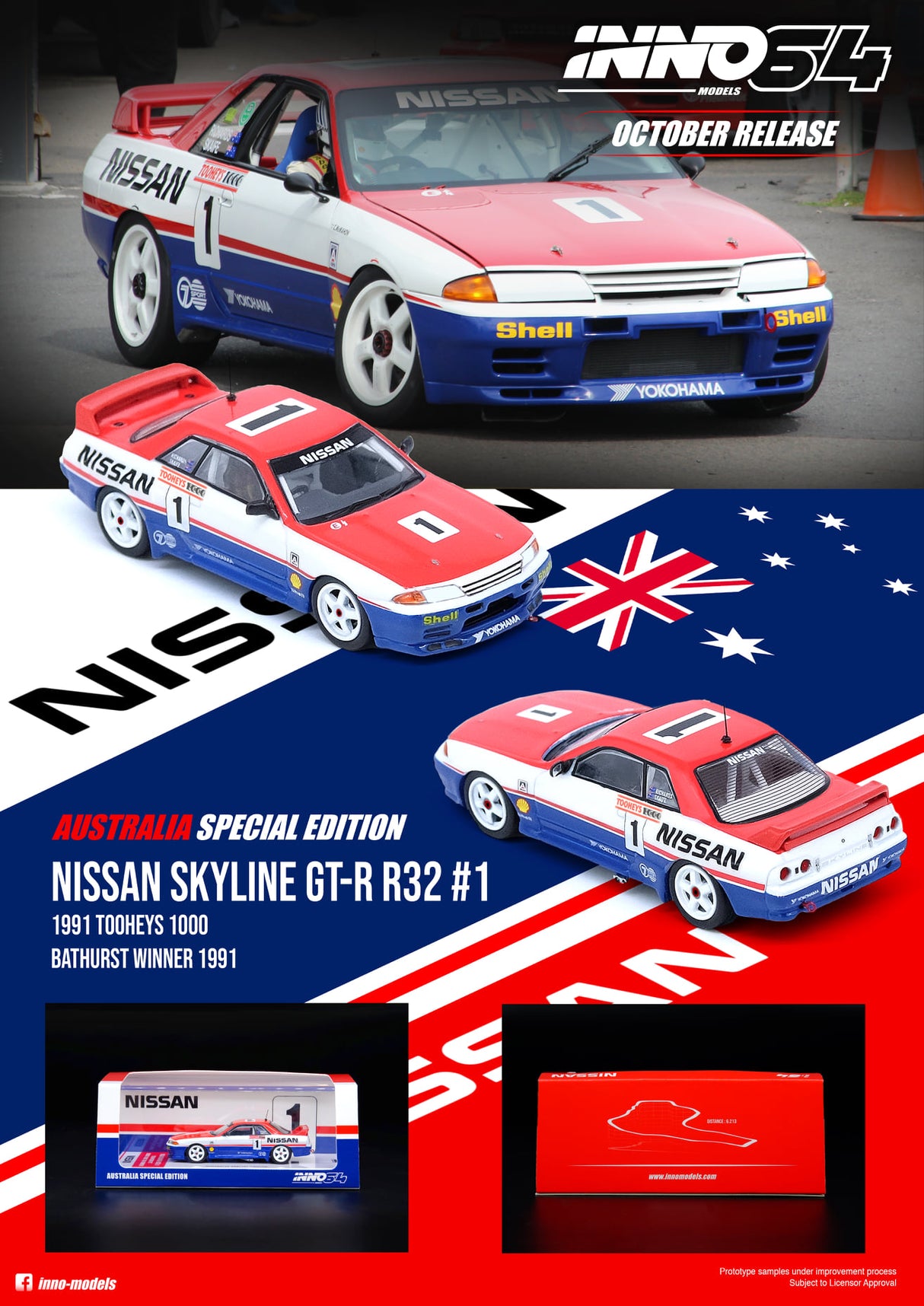 INNO Models 1:64 Nissan Skyline GT-R R32 #1 "NISSAN MOTORSPORT" Tooheys 1000 1991 Winner Jim Richards / Mark Skaife