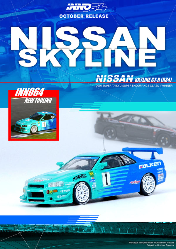 INNO Models 1:64 Nissan Skyline GT-R R34 #1 "FALKEN" Super Taikyu N1 Racing Series 2001 Championship Winner