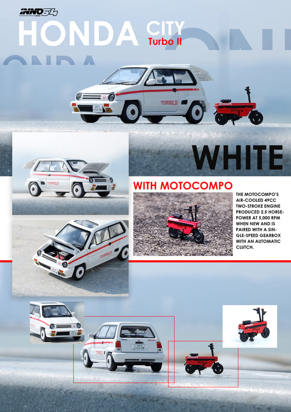 INNO Models 1:64 Honda City Turbo II with Honda Motocompo in White