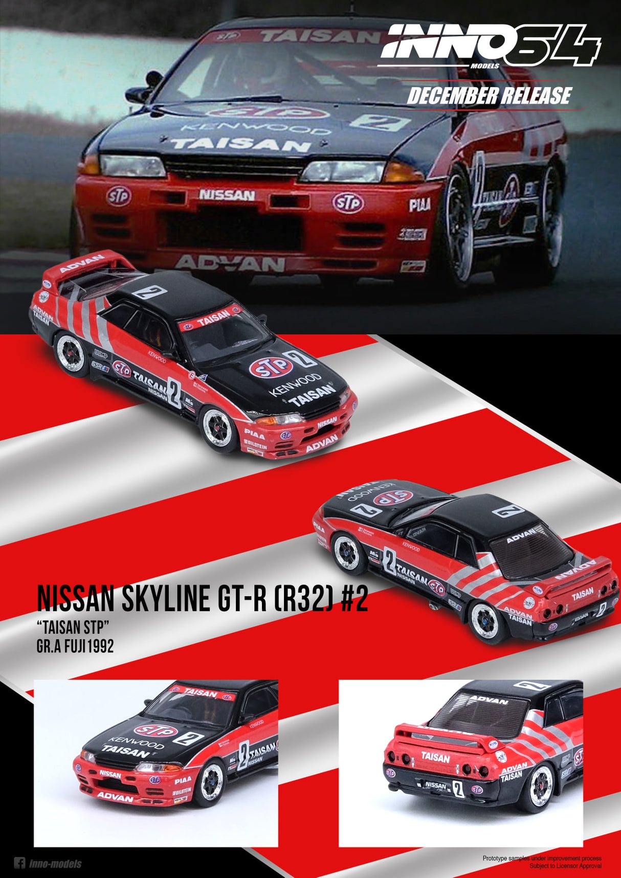 INNO Models 1:64 Nissan Skyline GT-R R32 #2 "TAISAN STP" Group A Fuji 1992
