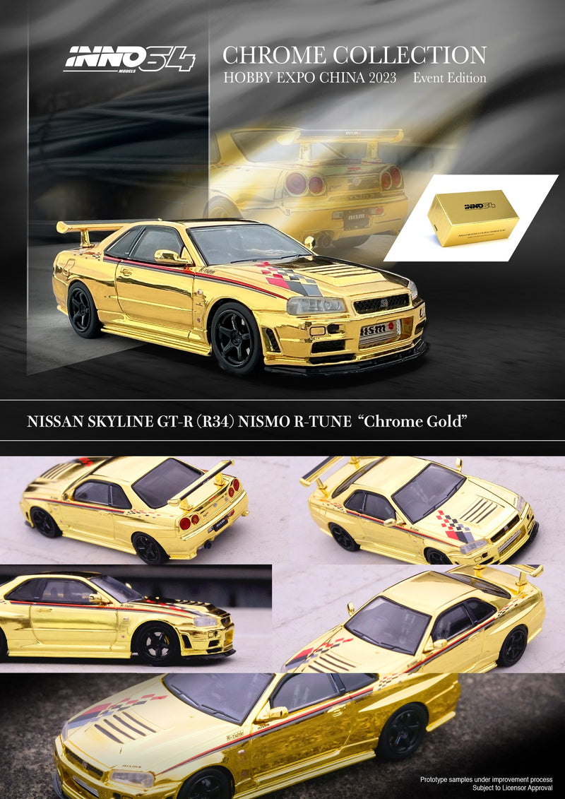 INNO64 1:64 Nissan Skyline GT-R (R34) R-Tune Hobby Expo China 2023 in Gold Chrome