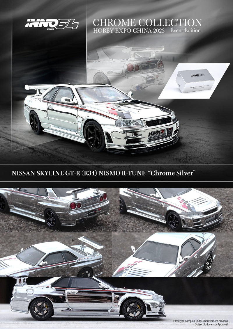 INNO64 1:64 Nissan Skyline GT-R (R34) R-Tune Hobby Expo China 2023 in Silver Chrome
