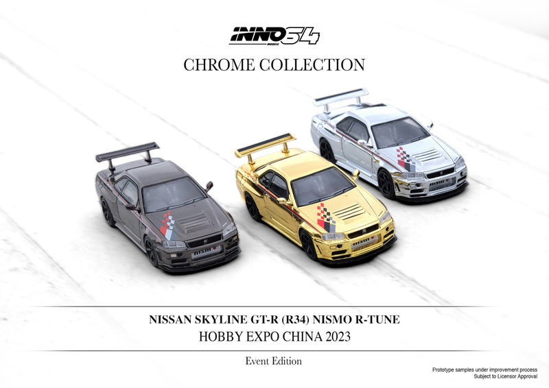 INNO64 1:64 Nissan Skyline GT-R (R34) R-Tune Hobby Expo China 2023 in Gold Chrome
