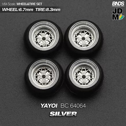 MotHobby BNDS 1:64 - Alloy Wheels and Tires Set - 15" YAYOI Type in Silver