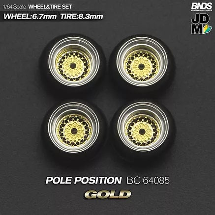MotHobby BNDS 1:64 - Alloy Wheels and Tires Set - 15" POLE POSITION Type in Gold