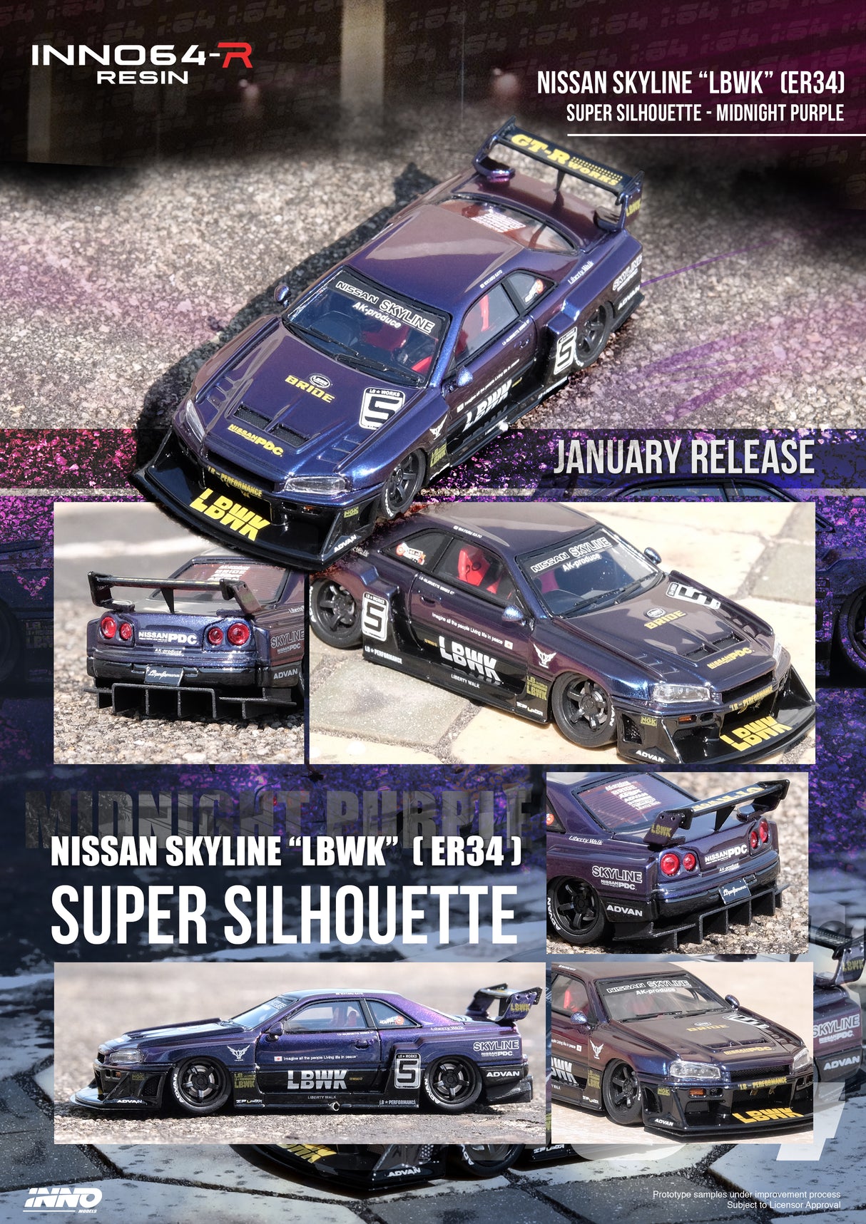 INNO64 1:64 Nissan Skyline (ER34) Super Silhouette "LBWK" in Midnight Purple II