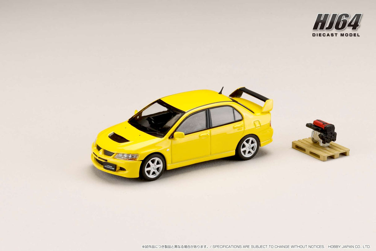 Hobby Japan 1:64 Mitsubishi Lancer GSR EVO 8 in Solid Yellow with Engine Display