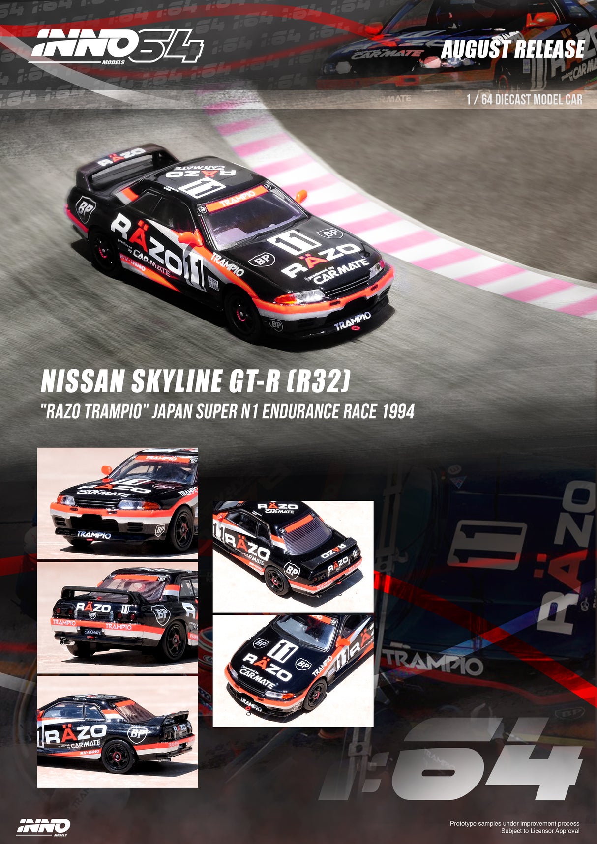 INNO64 1:64 Nissan Skyline GT-R (R32) #11 "RAZO TAMPIO" Japan Super N1 Endurance Race 1994