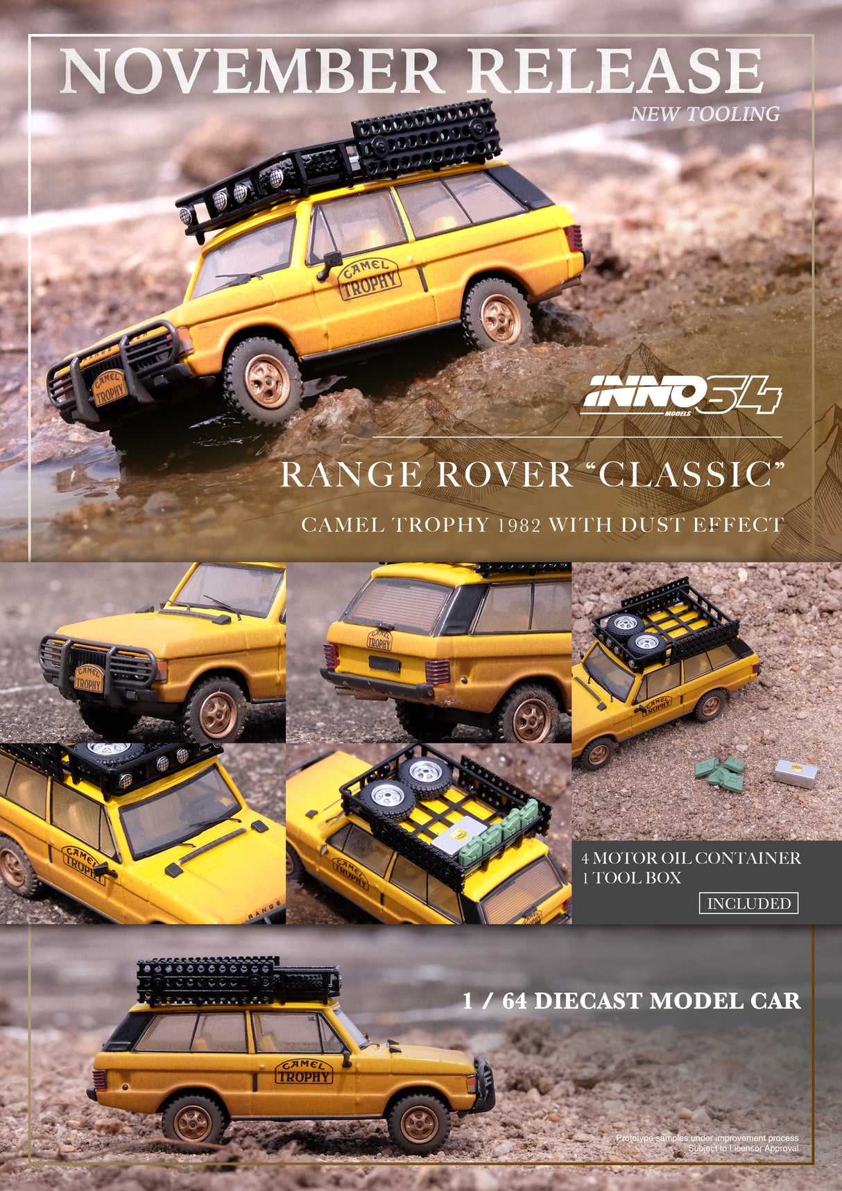 INNO64 1:64 Range Rover "CLASSIC" Camel Trophy 1982 with Dust Effect and Accessories