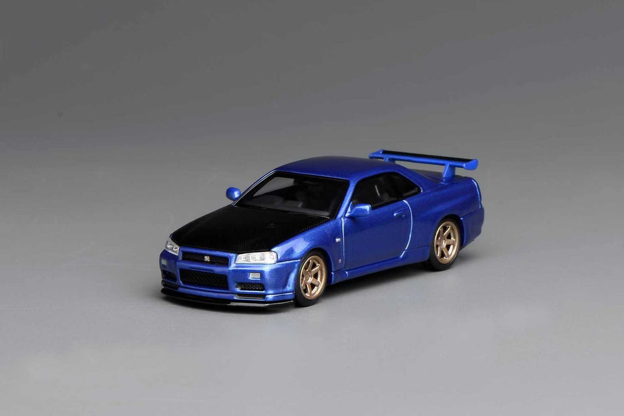 *PREORDER* MotorHelix 1:64 Nissan Skyline GT-R (R34) V-SPEC II Customized Bayside Blue w/ Carbon Fiber Bonnet