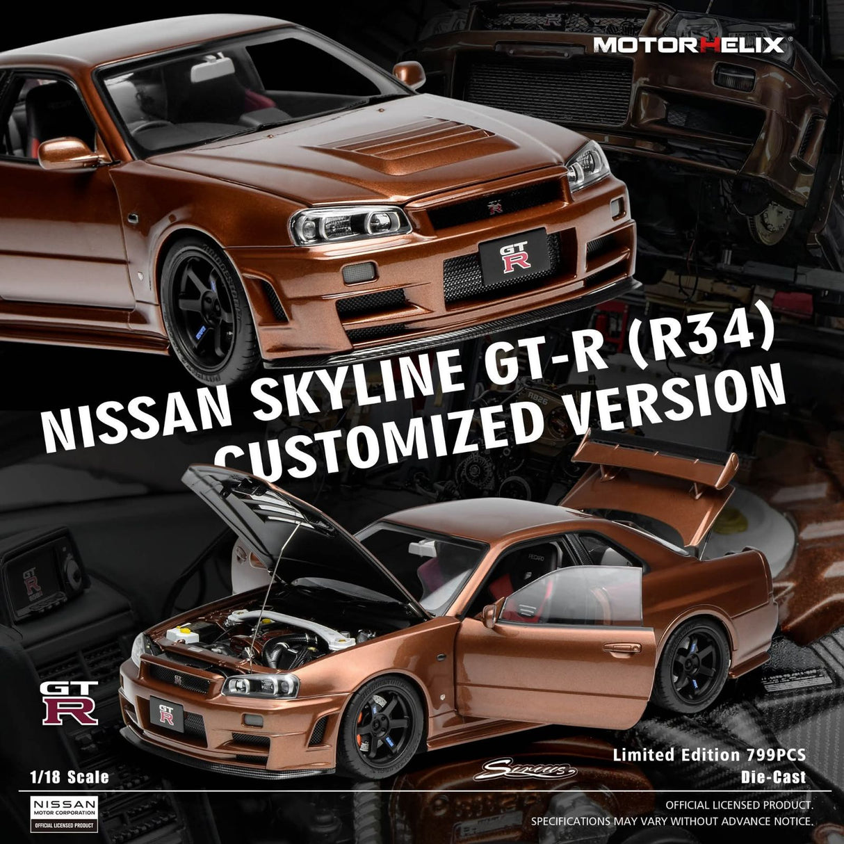 *PREORDER* MotorHelix 1:18 Nissan Skyline GT-R (R34) Customized Version - Metallic Bronze
