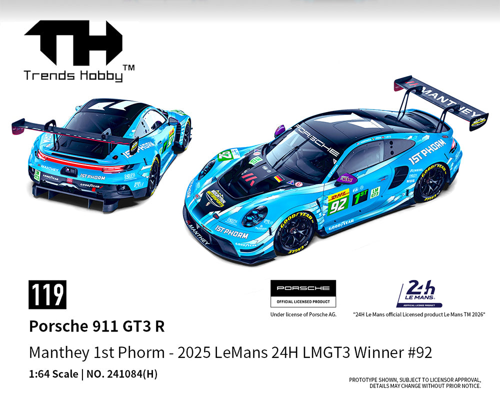 *PREORDER* Trends Hobby 1:64 Porsche 911 GT3 R Manthey 1ST Phorm 2025 Le Mans 24H LMGT3 WINNER #92