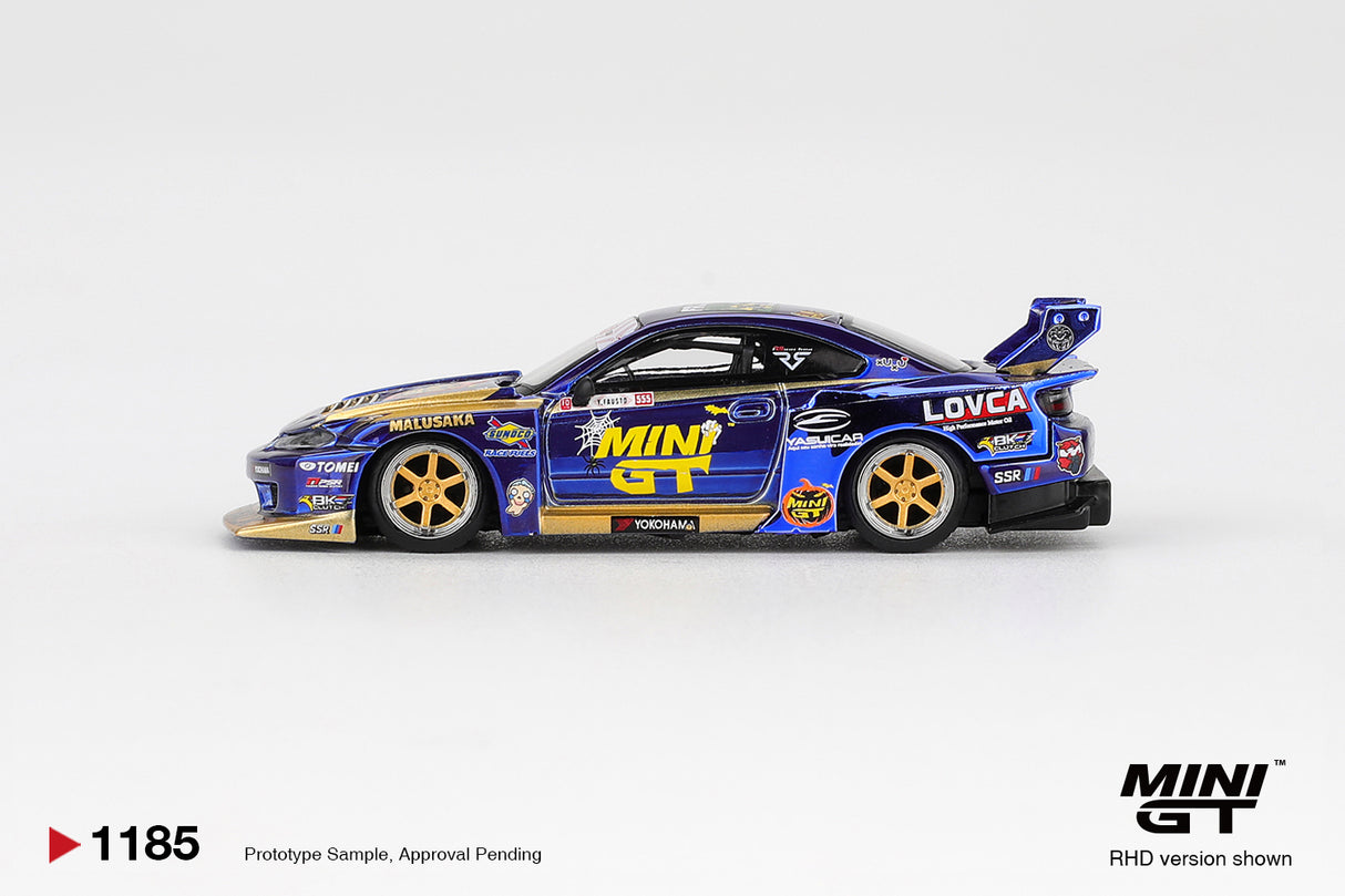 *PREORDER* MINIGT 1:64 Nissan LB-Super Silhouette S15 SILVIA #555 Team MINI GT Liberty Walk 2025 Formula Drift Halloween Special in Chrome Blue