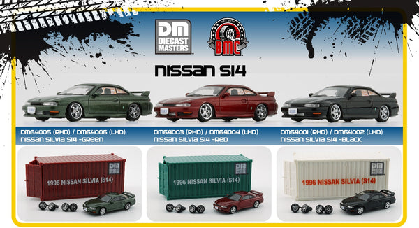 BM Creations 1:64 Nissan Silvia (S14) in Red RHD Configuration with Container