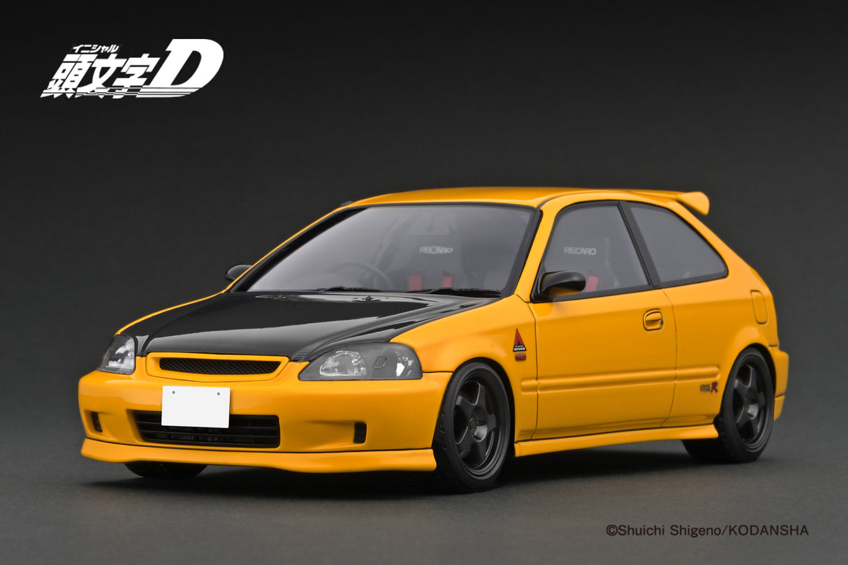 Ignition Model 1:18 Honda Civic (EK9) Type-R in Yellow Initial D with Carbon Bonnet