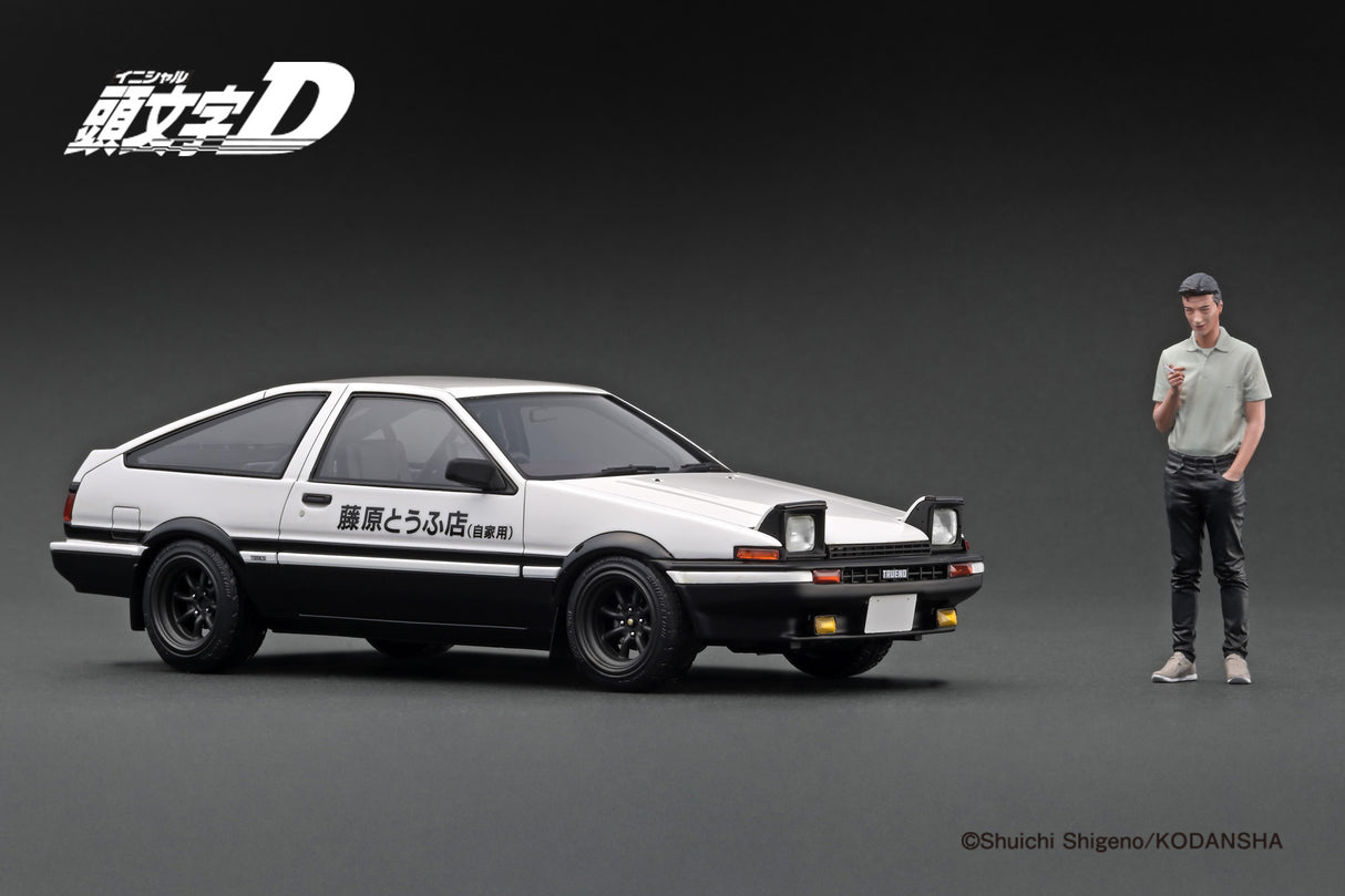 Ignition Model 1:18 Toyota Sprinter Trueno (AE86) 3DR in White & Black with Mr. Bunta Fujiwara