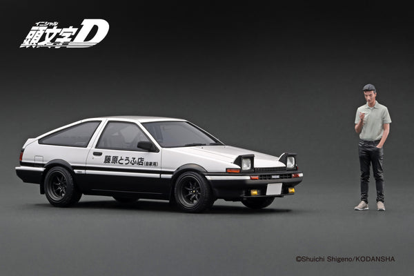 Ignition Model 1:18 Toyota Sprinter Trueno (AE86) 3DR in White & Black with Mr. Bunta Fujiwara