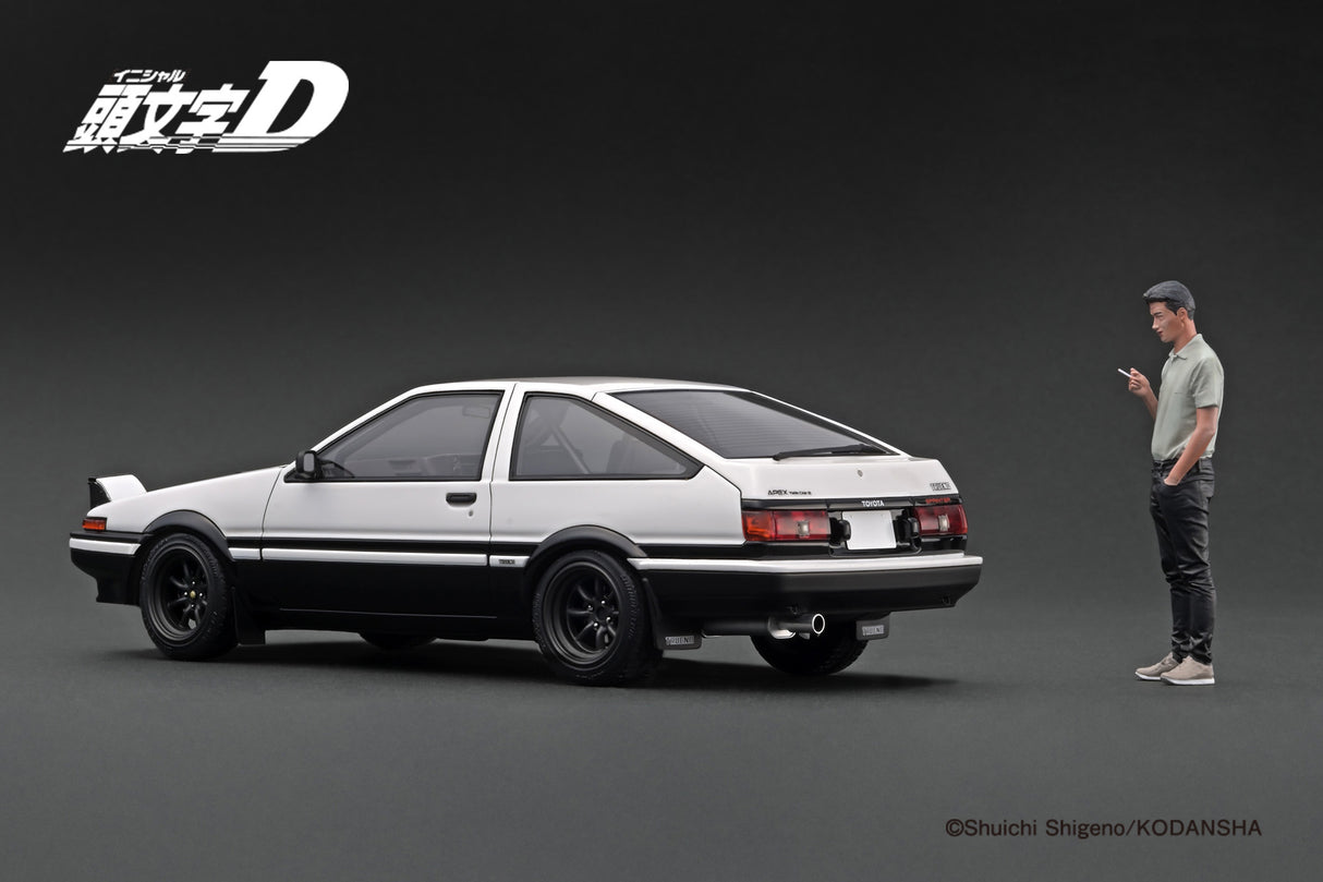 Ignition Model 1:18 Toyota Sprinter Trueno (AE86) 3DR in White & Black with Mr. Bunta Fujiwara