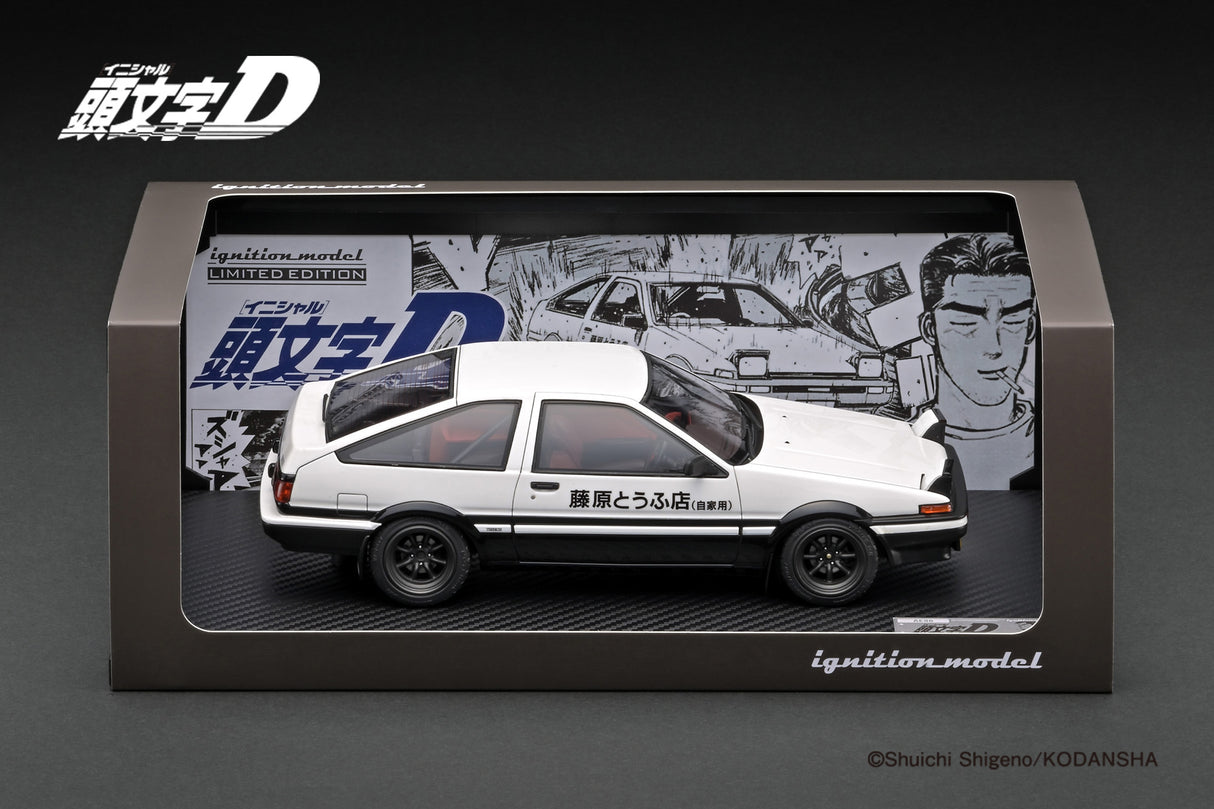 Ignition Model 1:18 Toyota Sprinter Trueno (AE86) 3DR in White & Black with Mr. Bunta Fujiwara