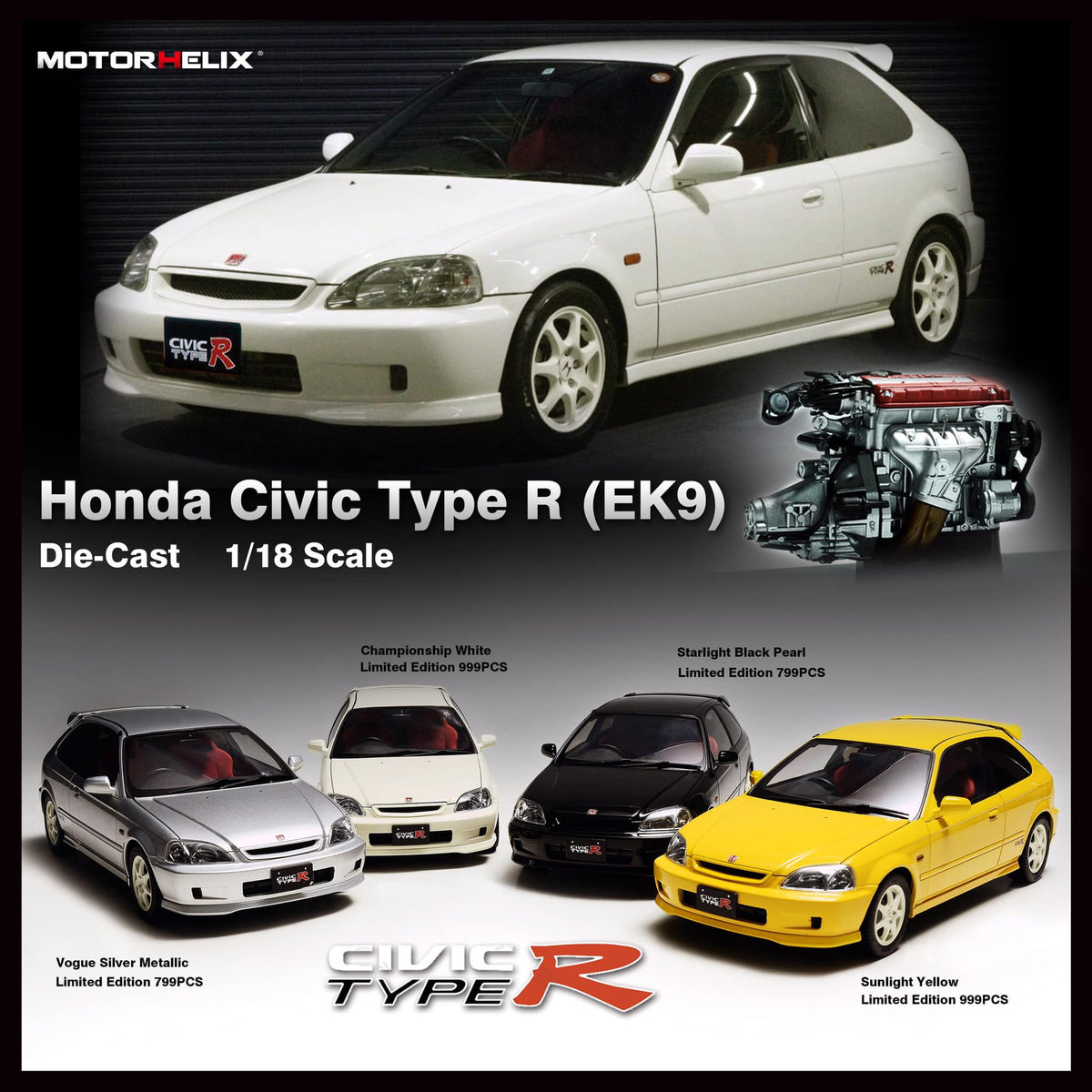 MotorHelix 1/18 Honda Civic Type-R Late Version (EK9) in