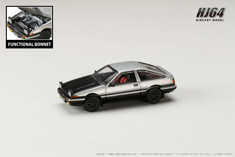 *PREORDER* Hobby Japan 1:64 Toyota Sprinter Trueno GT Apex (AE86) in Silver / Black with Carbon Bonnet