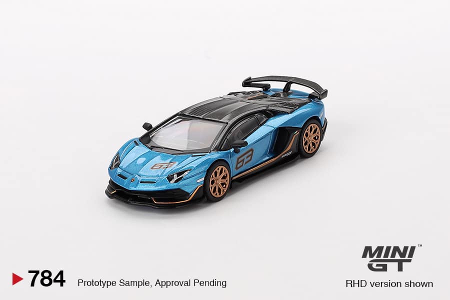 MINI GT 1:64 Lamborghini Aventador SVJ 63 in Blu Aegir