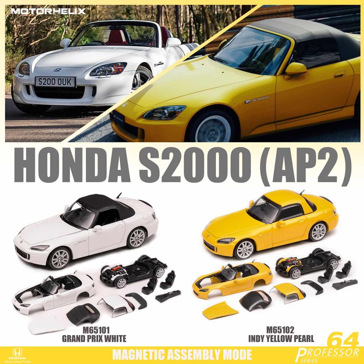 MotorHelix 1:64 Honda S2000 (AP2) in Indy Yellow Pearl – Model