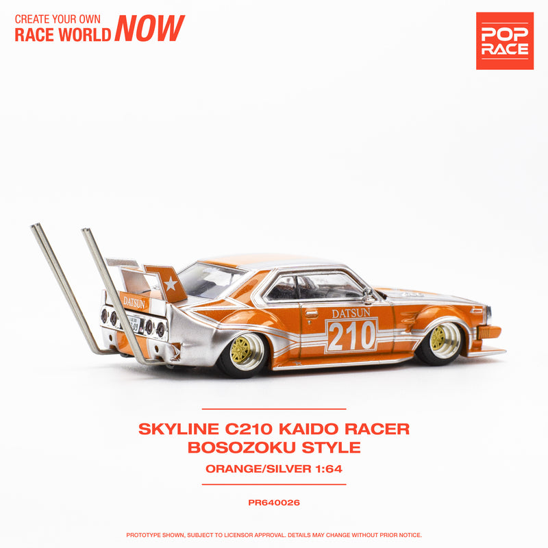 Pop Race 1/64 Nissan Skyline (C210) Kaido Racer Bosozuko Style in Silver / Orange