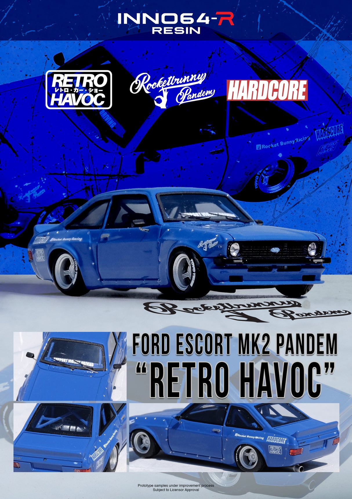 *PREORDER* INNO64 1:64 Ford Escort MK2 PANDEM "EMOTION" RETRO HAVOC in Blue
